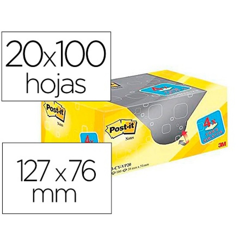 Bloco Notas Adesivo 76x127mm Amarelo Pack 20x100Fls Post-It