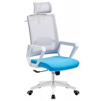 Cadeira de Escritório Aston Branca Giratória Rede Cinza e Tecido Azul