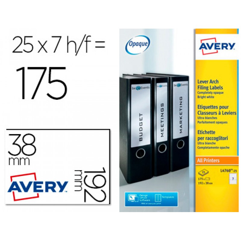Etiquetas A4 Avery para Lombada Adesivas Permanente 38x192mm 25 Folhas