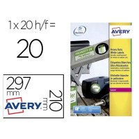 Etiquetas A4 Avery Autocolantes Poliester Branco 210x297mm 20Fls