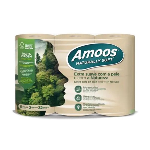 Papel Higiénico Doméstico 32mts 2Fls Amoos Naturally Soft Pasta Crua 6 Rolos